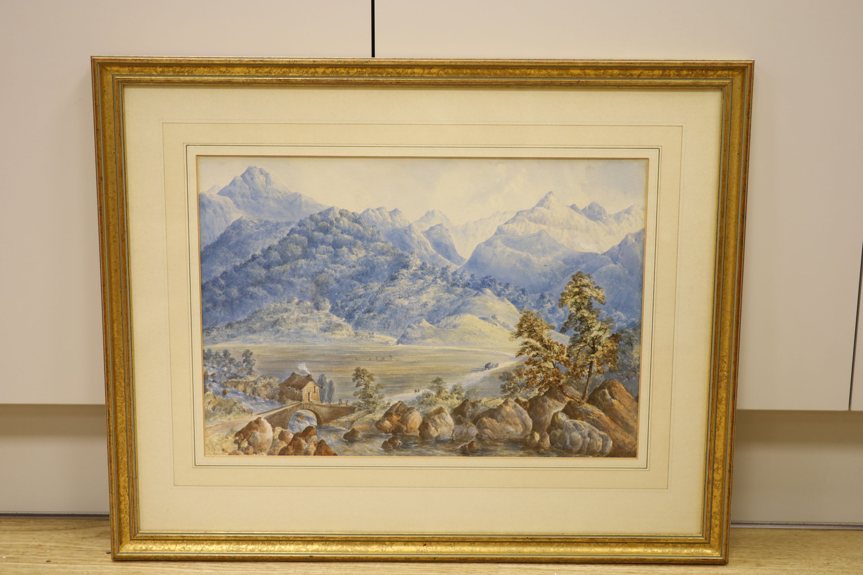 A.M. 19th century, watercolour, The Glen, monogrammed and dated 1863, 31 x 45cm and a 19th century English School, watercolour, Riverside country town, 30 x 44cm